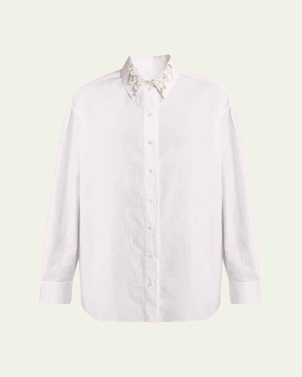 Beaded Pearly Collar Button Down Cotton Blouse